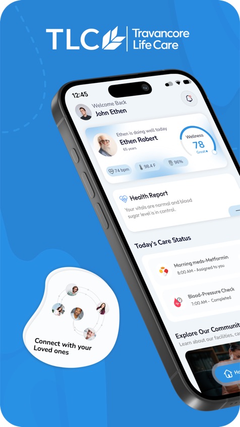 TLC home screen with wellness score, vitals and today’s care status
