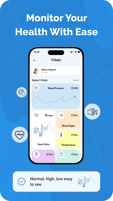 Vitals screen showing blood pressure, heart rate and more